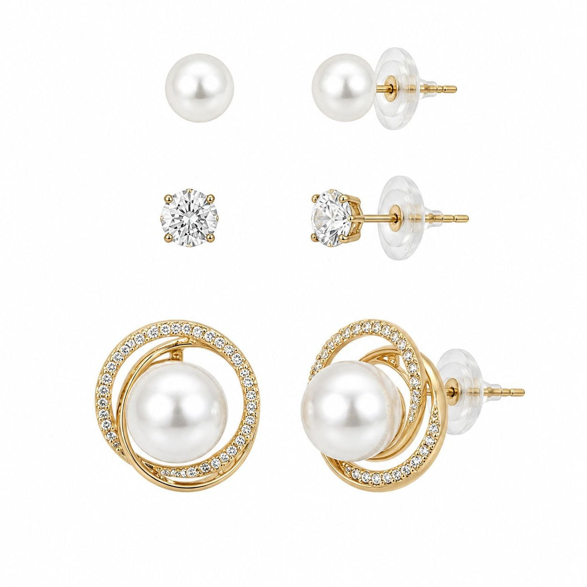 SET DE ARETES ENCHAPE PARA DAMA TRIPLE PAR CON AROS CONCÉNTRICOS EN PAVÉ Y PERLA