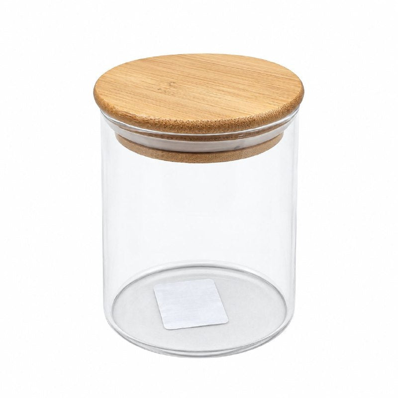 RECIPIENTE FRASCO DE VIDRIO HERMETICO TRANSPARENTE CON TAPA DE BAMBU 9X7CM