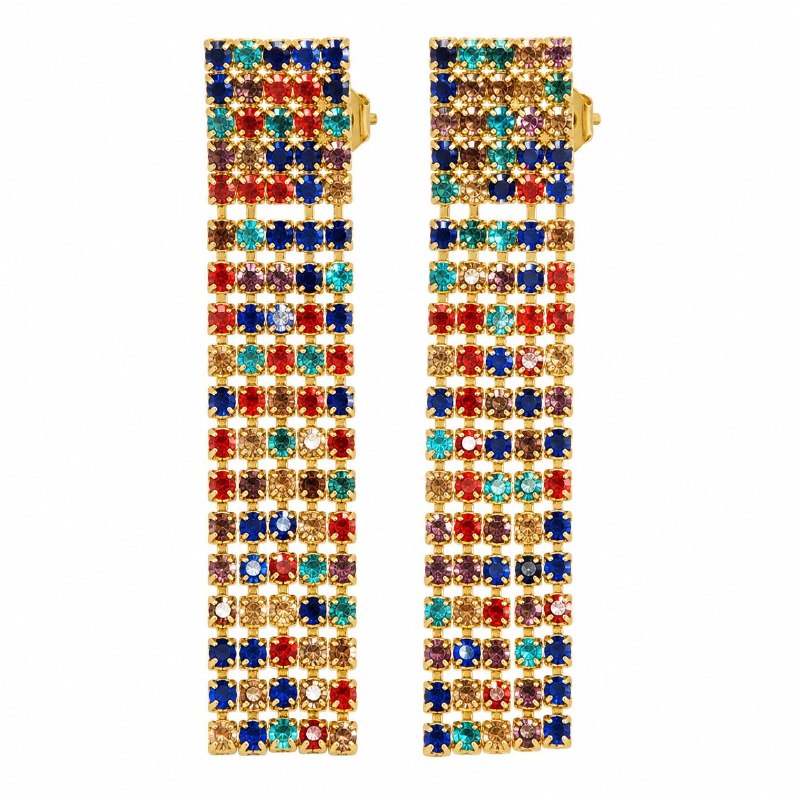 ARITOS DE ENCHAPE PARA DAMA CON DISEÑO DE PIEDRAS MULTICOLOR 5CM