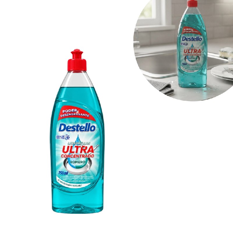 JABON LIQUIDO PARA LAVAR PLATOS ULTRA CONCENTRADO DESENGRASANTE AROMA ROMERO DESTELLO 750ML