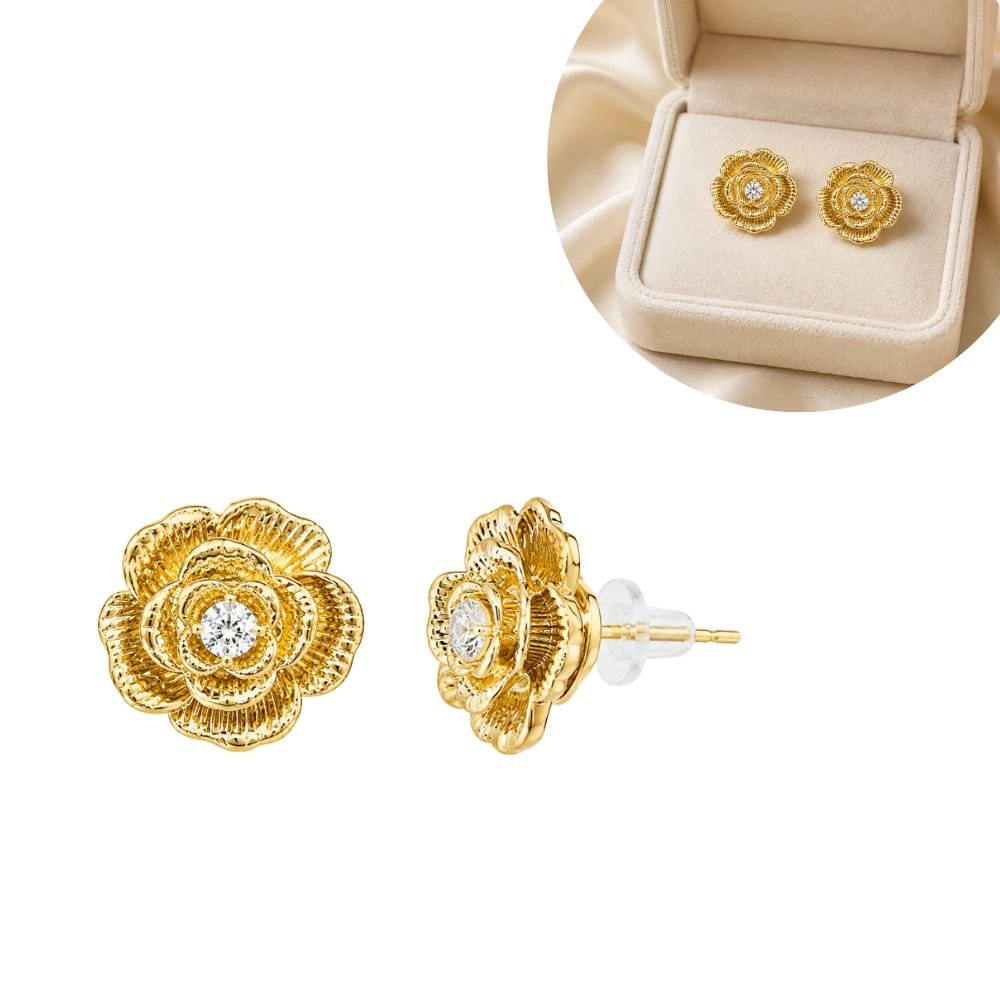 ARETES DE ENCHAPE PARA DAMA CON MOTIVO DE FLOR CAMELIA EN RELIEVE Y CIRCÓN