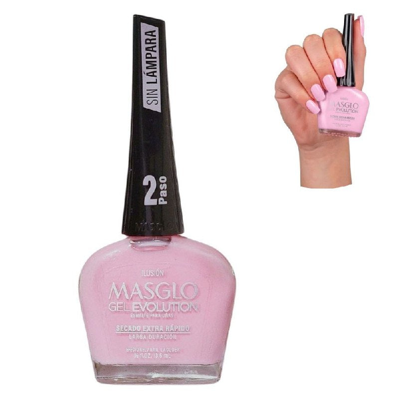 ESMALTE PARA UÑAS DE SECADO RAPIDO COLOR ROSA CHICLE CLARO ILUSIÓN GEL EVOLUTION MASGLO 13.5ML