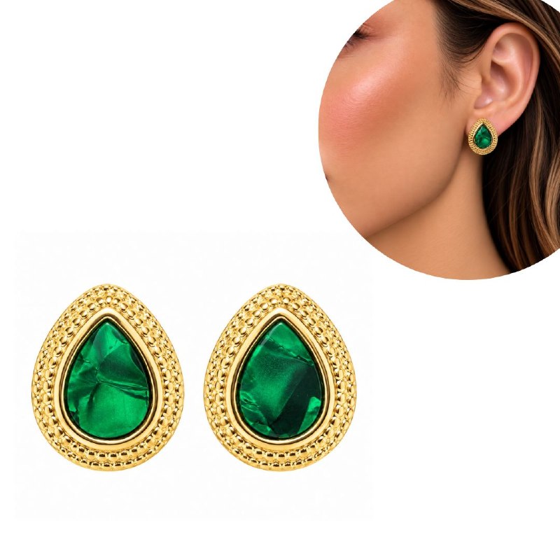 ARITOS DE ENCHAPE PARA DAMA CON DISEÑO DE GOTA VERDE Y DORADO 2.2CM