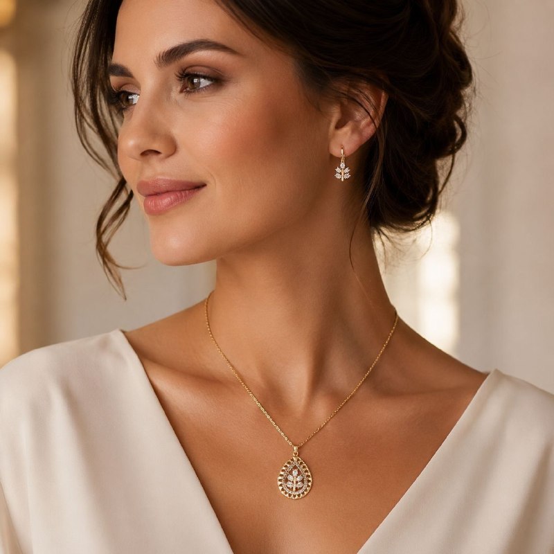 SET DE ENCHAPE PARA DAMA CADENA, DIJE GOTA FILIGRANA Y ARETES COLGANTES RAMA FLORAL