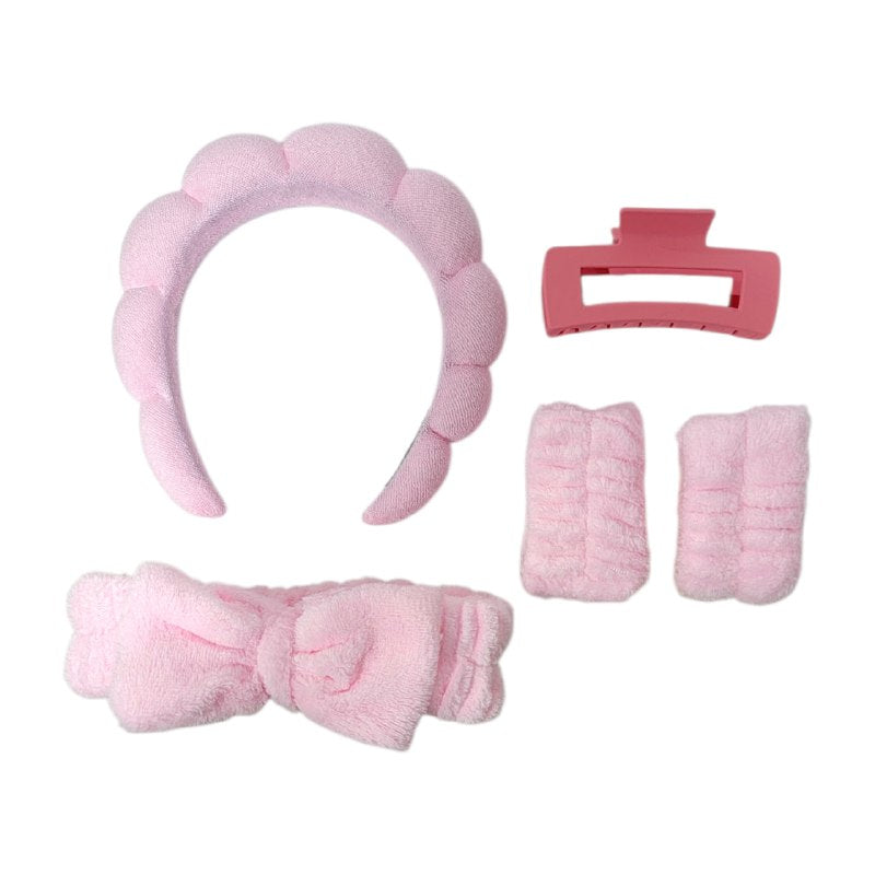 KIT DE CUIDADO FACIAL, GANCHO, DIADEMAS Y MUÑEQUERAS SKIN CARE, 5 COLORES