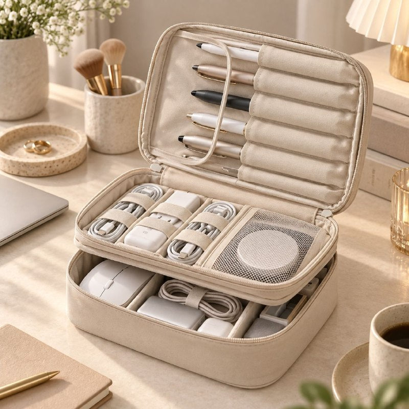 BOLSO ORANIZADOR DE VIAJE MULTIUSOS CON SUJETADORES INTERNOS PARA CABLES, COSMETICOS O ACCESORIOS 23X11X17CM