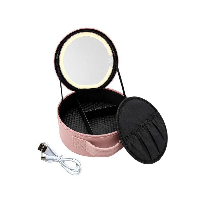 ORGANIZADOR ESTUCHE DE MAQUILLAJE PORTATIL REDONDO CON ESPEJO LED 22.3X23.3CM
