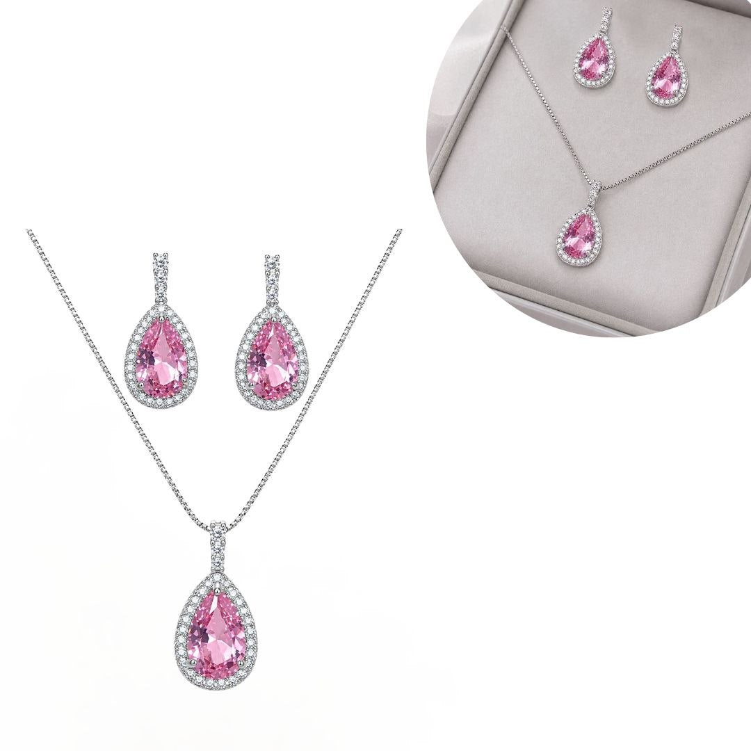 SET DE ENCHAPE PARA DAMA CADENA, DIJE Y ARETES GOTA ROSA CON HALO DE CIRCONES