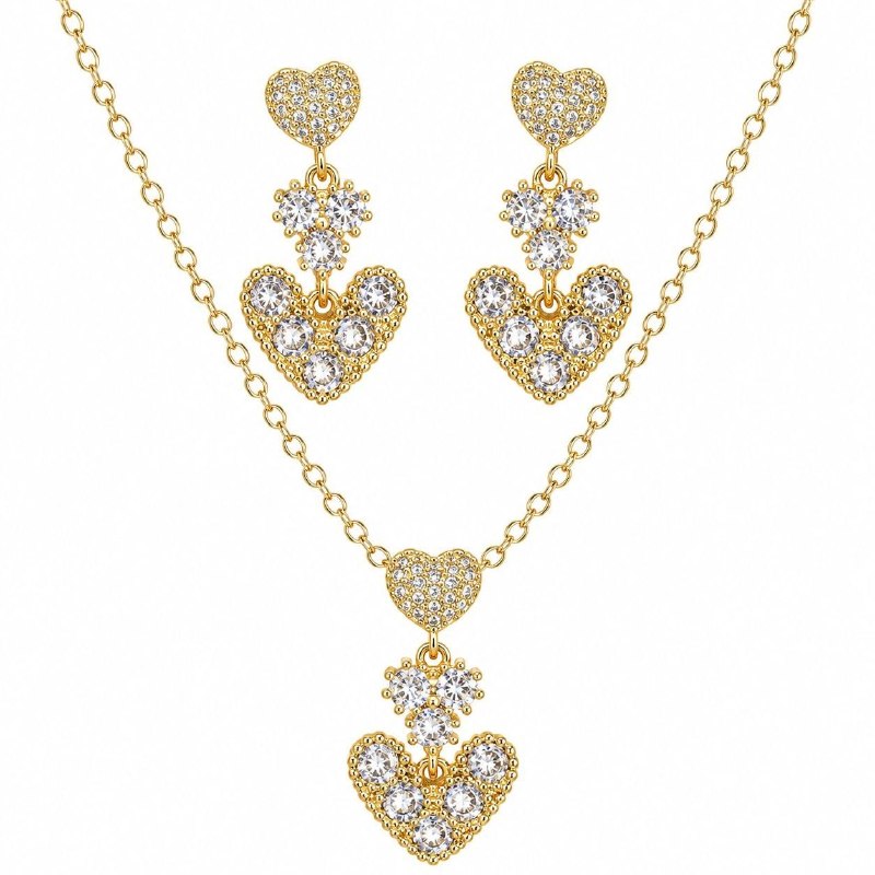 SET DE ENCHAPE PARA DAMA CADENA, DIJE Y ARETES COLGANTES CORAZONES CON CIRCONES