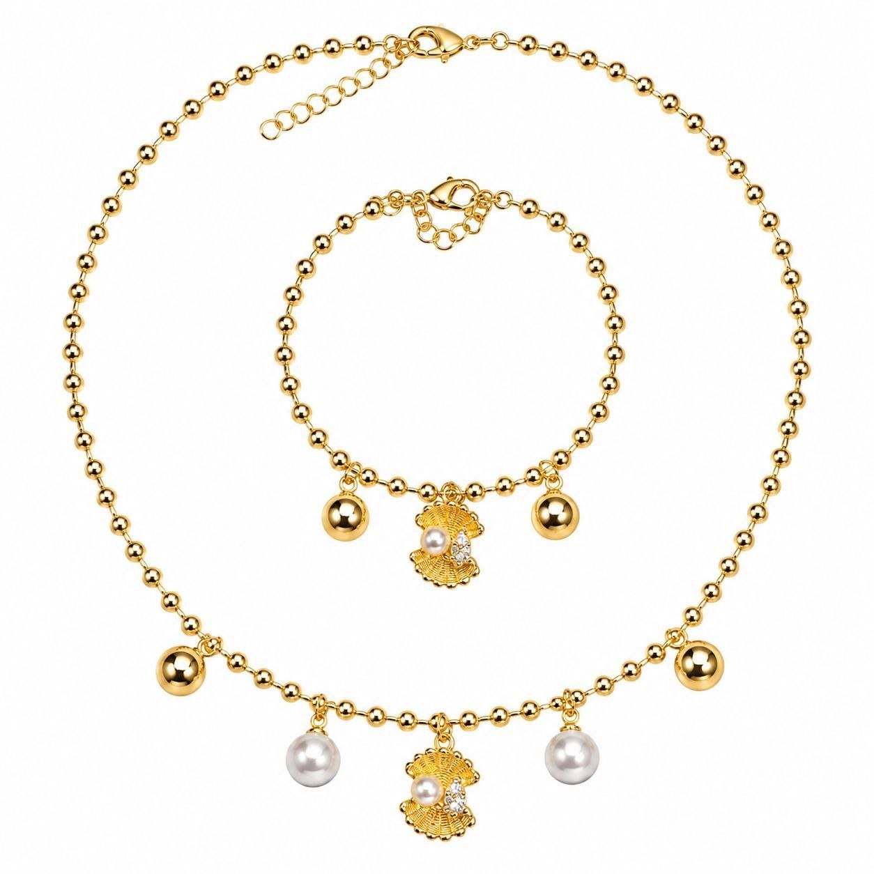 SET DE ENCHAPE PARA DAMA COLLAR Y PULSERA MARINA CON BALINES, PERLAS Y CONCHA MARINA