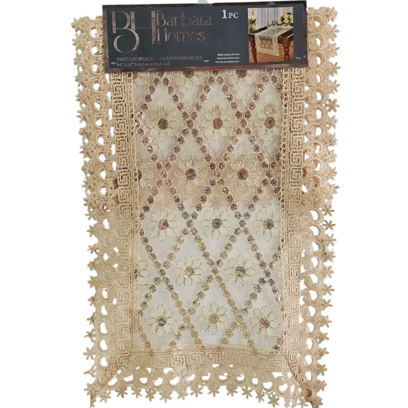 MANTEL CAMINO DE MESA BORDADO DE ENCAJE DORADO ELEGANTE BARBARA HOME 41X91CM