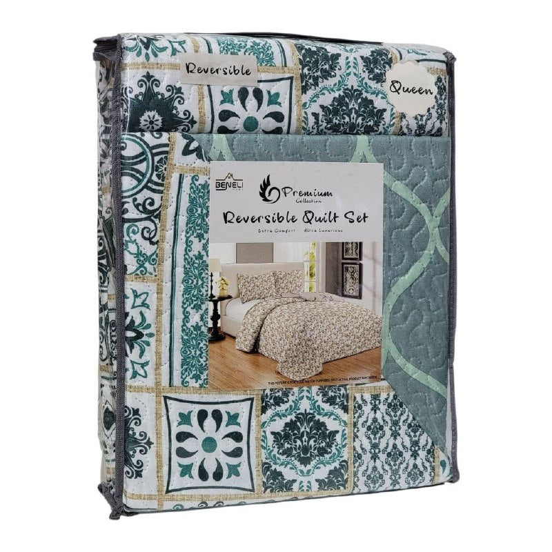 JUEGO DE SABANAS CAMERA EDREDON REVERSIBLE DE 3PCS QUEEN BENELI HOME