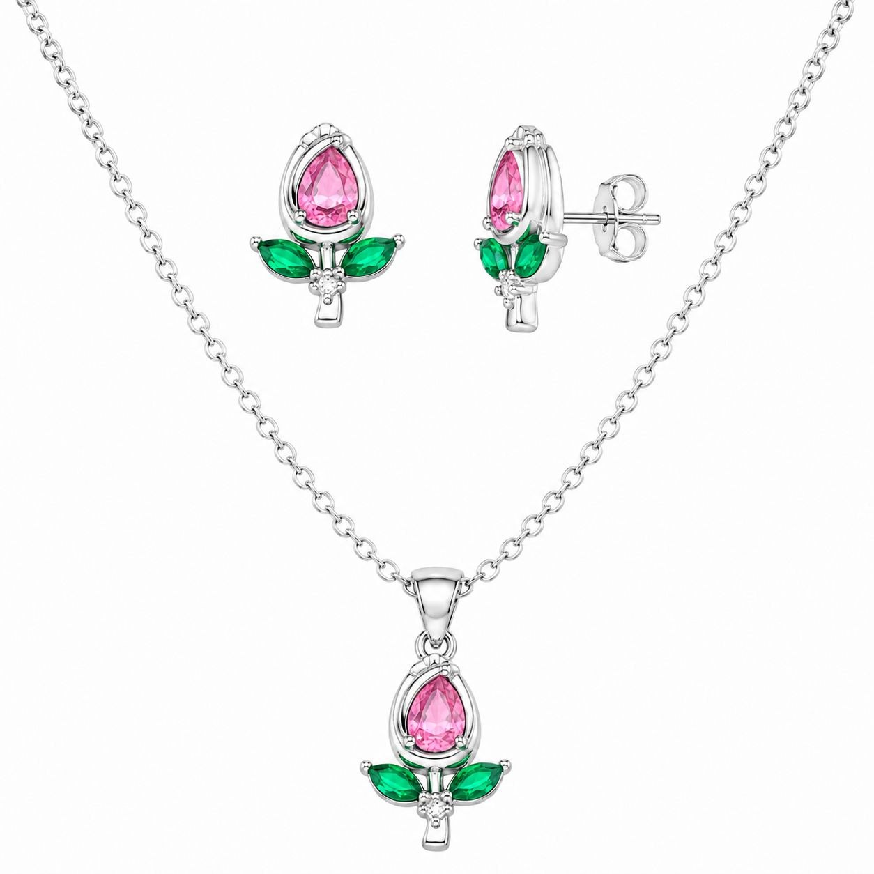 SET DE ENCHAPE PARA DAMA CON DISEÑO DE FLOR CON CRISTALES VERDES Y BLANCOS