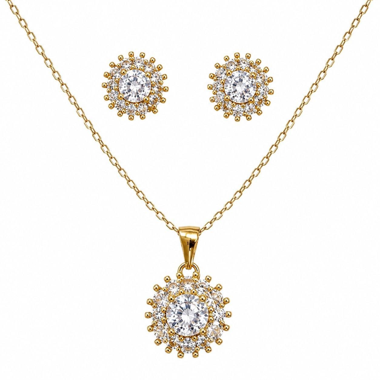 SET DE ENCHAPE PARA DAMA CADENA, DIJE Y TOPOS FLOR DE SOL CON HALO DE CIRCONES