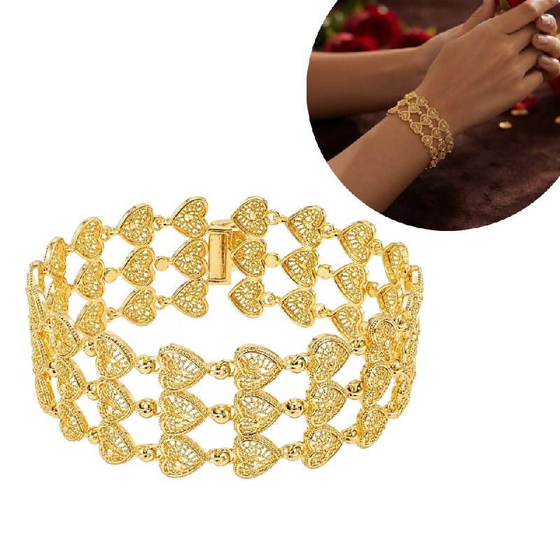 PULSERA DE ENCHAPE PARA DAMA CON DISEÑO ANCHO DE TRES HILERAS DE CORAZONES EN FILIGRANA
