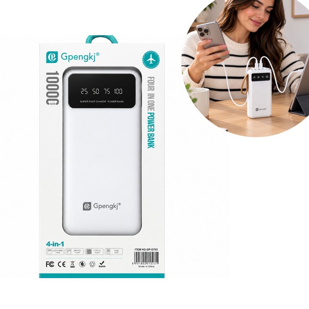 BATERÍA PORTÁTIL 10000MAH 4 EN 1 CON CABLES INTEGRADOS Y PANTALLA DIGITAL GPENGKJ GP-D703