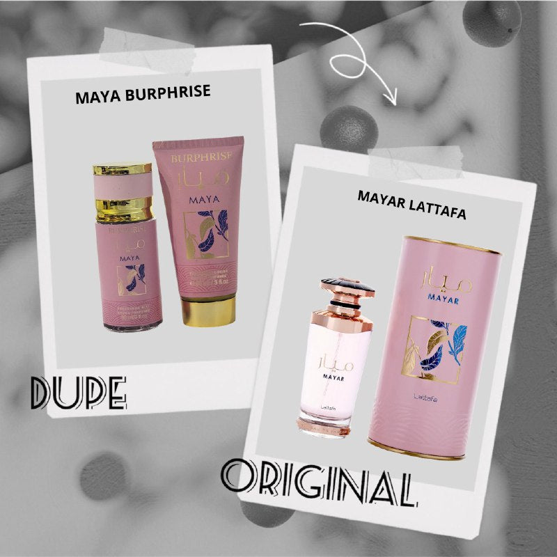 SET MINI MAYA BURPHRISE SPLASH 88ML, BODY LOTION 88ML (M) (AROMA SIMILAR LATTAFA MAYAR)