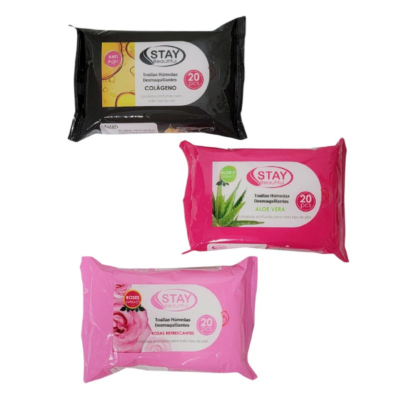 TRIO SURTIDO DE TOALLITAS DESMAQUILLANTES HUMEDAS DE ROSA ALOE VERA Y COLAGENO STAY BEAUTIFUL 20UNDX3