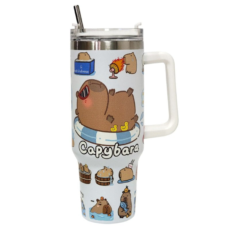 TERMO DE ACERO INOXIDABLE CON ASA DISEÑO DE CAPIBARA CON SORBETE 1200ML
