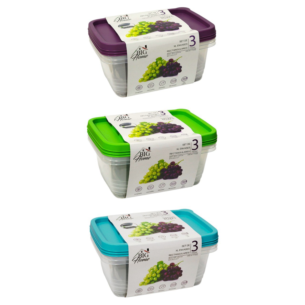 SET DE RECIPIENTES PANAS DE ALIMENTOS BIG HOME 10X17X23CM X 3PCS