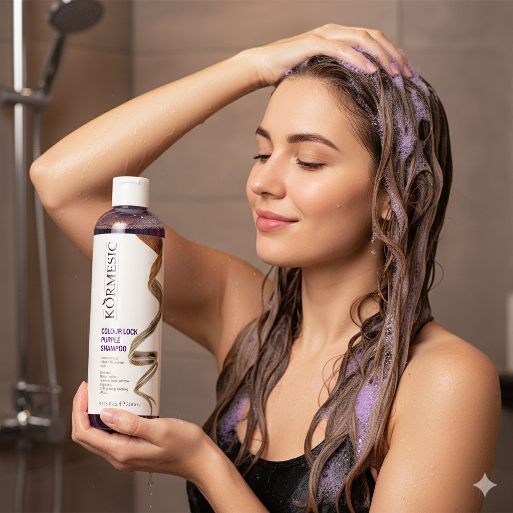 SHAMPOO MORADO BLOQUEADOR DE COLOR PARA CABELLO GRIS CANOSO, RUBIO LINO O DECOLORADO KORMESIC 300ML