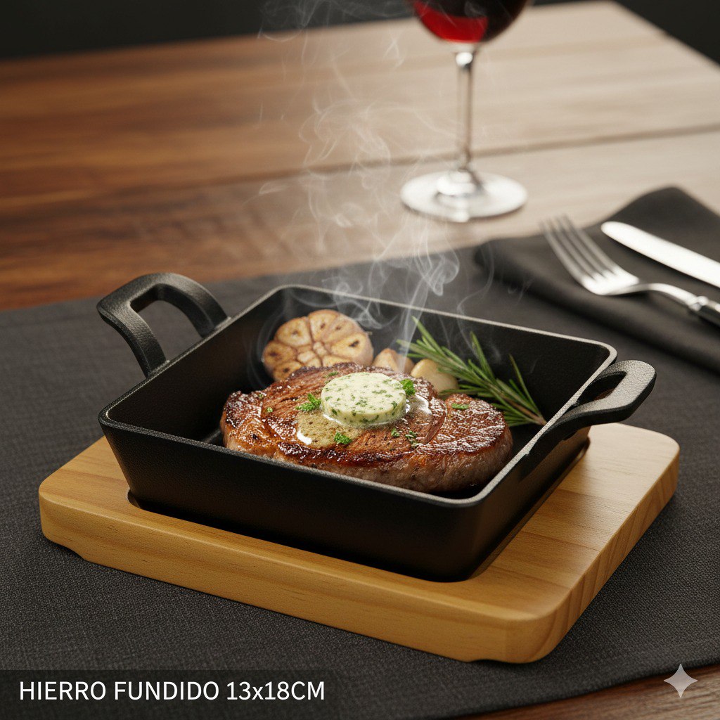 SARTEN CUADRADO DE HIERRO FUNDIDO CON BASE DE MADERA