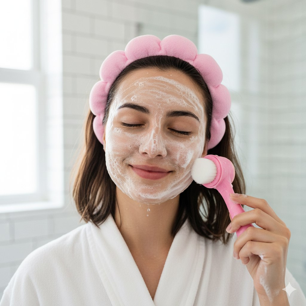 SET DE CUIDADO FACIAL DE 2 PIEZAS, VINCHA Y CEPILLO FACIAL DUAL DE 13CM