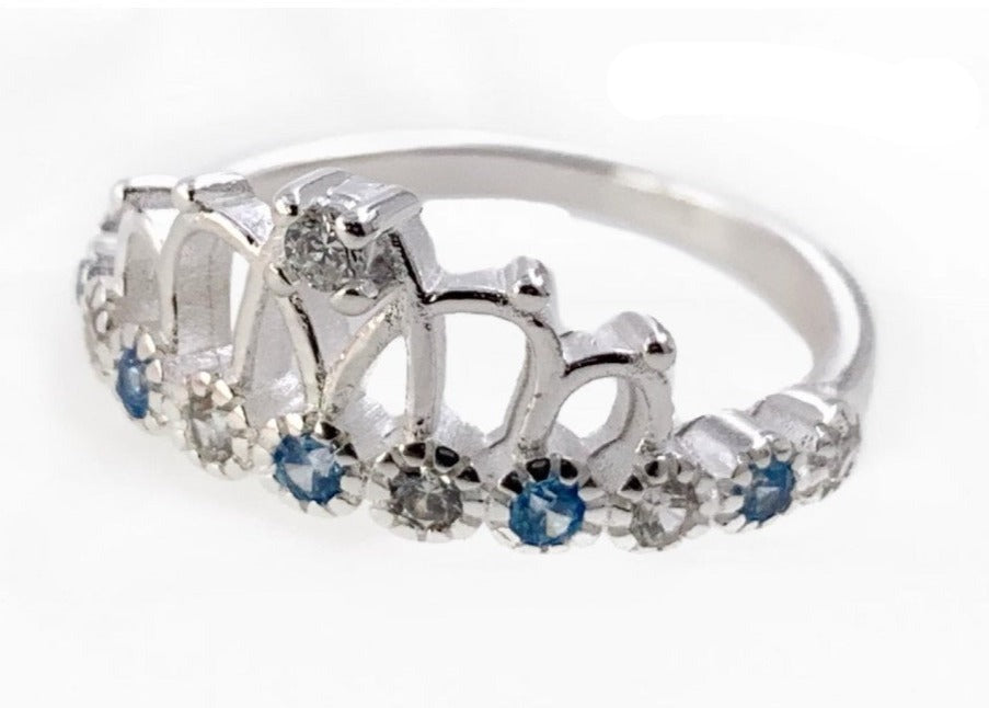PANI1100 ANILLO CORONA CIRCONES AZULES, PLATA 925