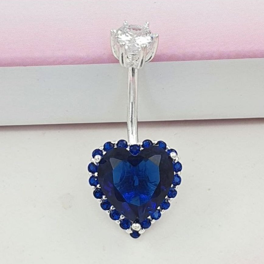 PIERCING DE PLATA 9.25 PARA OMBLIGO DE CORAZON AZUL PESO 3.4