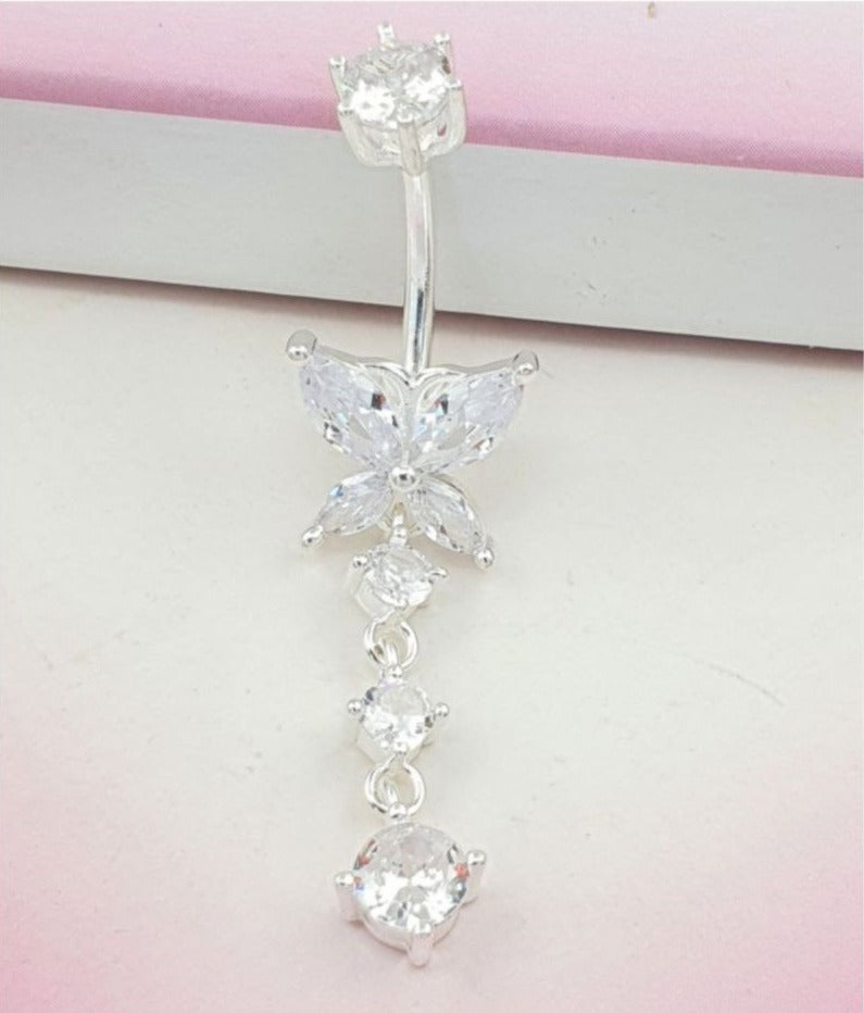 PIERCING DE PLATA 9.25 PARA OMBLIGO DE MARIPOSA TRASLUCIDA